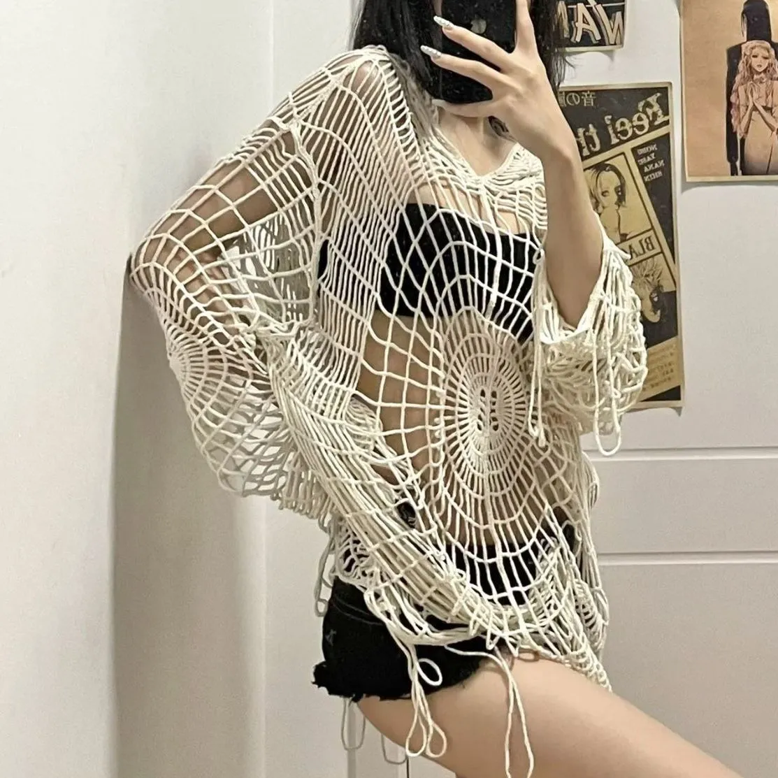 Women's Sweaters Hollow Knit Hooded Top Y2k Clothes Spider Web Spice Girl  Mesh Pullovers Thin Women Korean Fashion Fishing Net Sweaters Gothic 230922