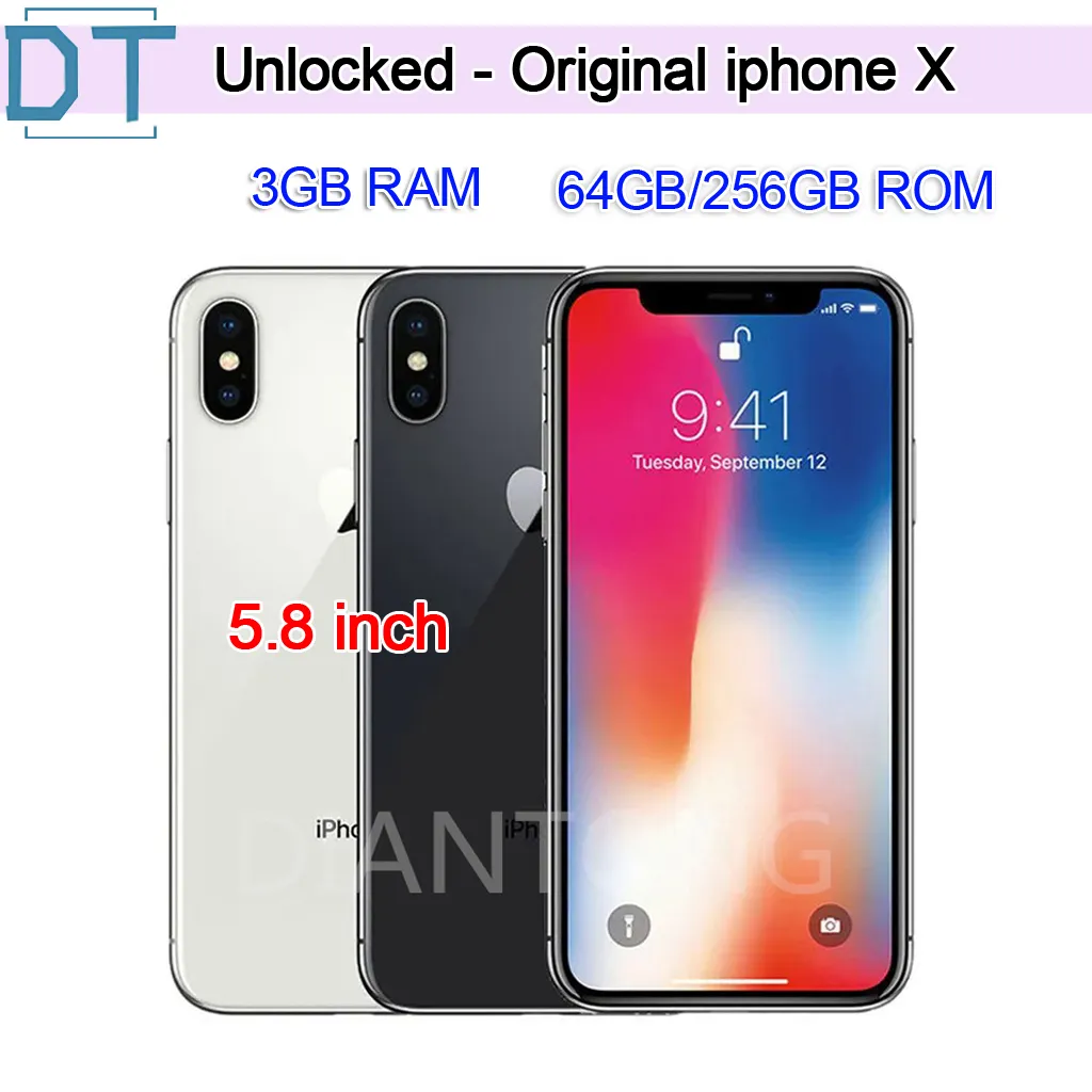 Apple iPhone X d'origine remis à neuf Face ID 5,8 "écran tactile 3 Go de RAM iOS A11 double caméras 12MP 4G LTE iPhone débloqué noir blanc, 100% entièrement fonctionnel