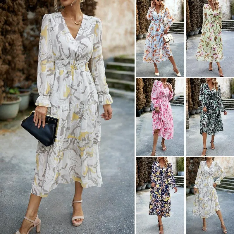 Casual Dresses Women Printed V-neck Dress Spring Autumn Thin Slim Long Flounce Sleeve For Vestidoes Women's Clothing
