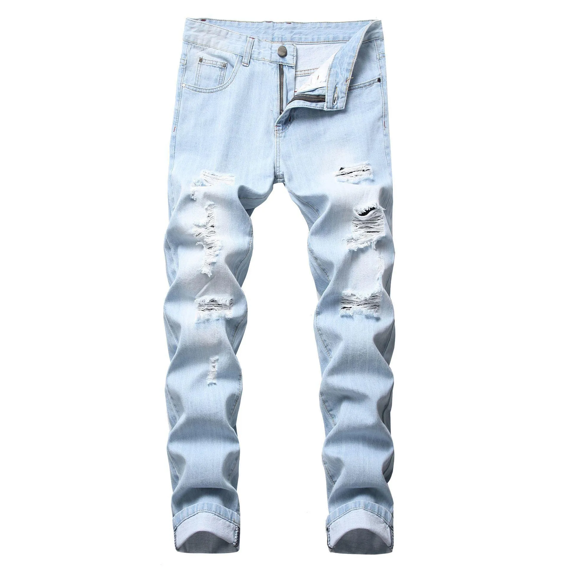 Men'S Jeans Mens Light Color Slim Fit Hole High Street Blue Non-Elastic Casual Fashion Urban Stretwear Drop Delivery Apparel Clothing Dhpi7