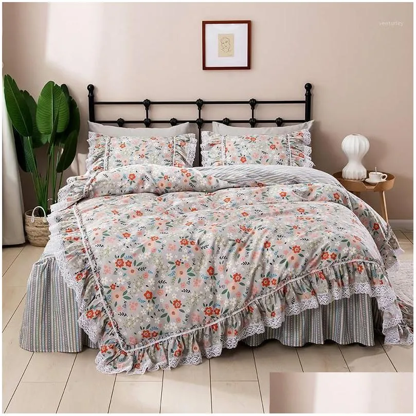 Ensembles de literie coréen princesse dentelle volants jupe florale ensemble de style pur coton pastorale Ropa de Cama Couvre Lit couette ER Set1 Drop Del Otgyn