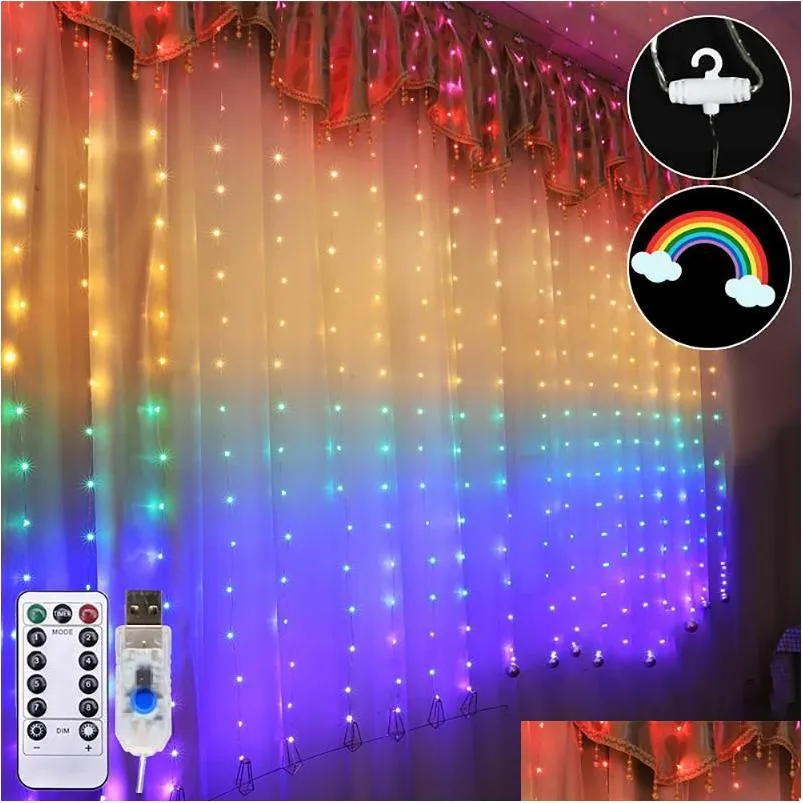 LED -remsor Curtain String Lights Christmas Flash Fairy Garland Remote Control för bröllop/fest/gardin/trädgårdsdekoration n Drop Del DHVQ9