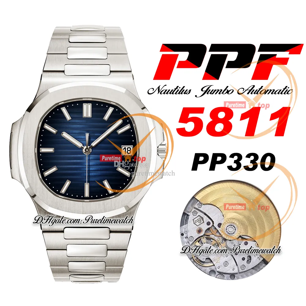 PPF JUMBO 5811 PP330 Automatisk herrklocka 41mm Blue Textured Dial Stick Markers Rostfritt stål Armband Superversion Edition Puretime TH: 8.2mm