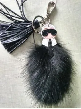 Kvalitet och integritet lyxig fluffig Karl äkta tvättbjörn päls Pompom Monster Bag Bugs Charm Keychain Plush Key Ring Leather Tassel