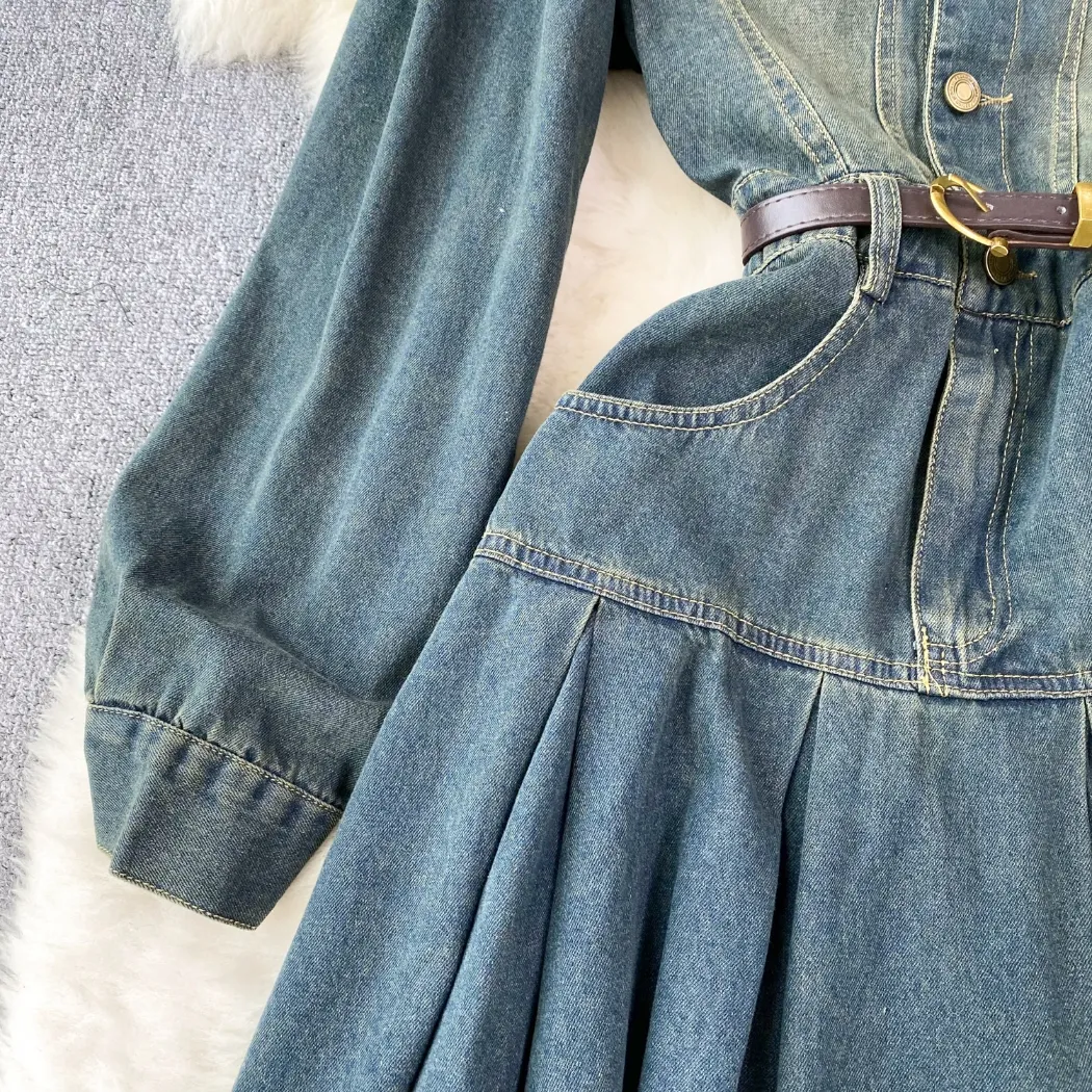Chic American Hong Kong Style Washed Denim Dress with Waistband and Slim Pleated Short Skirt for Autumn Fashion