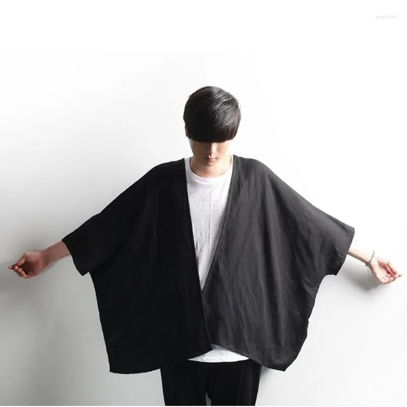 Men's Casual Shirts 2023 Fashion Summer Dark Style Linen Cardigan Batshirt Cloak Shawl Collarless Shirt Trend