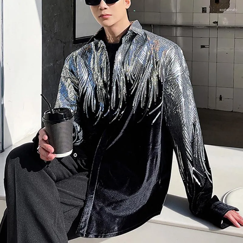 Men s Casual Shirts Loose Men Thick Velour Shirt Long Sleeve 2023 Spring Designer Mens Silver Sequin Black
