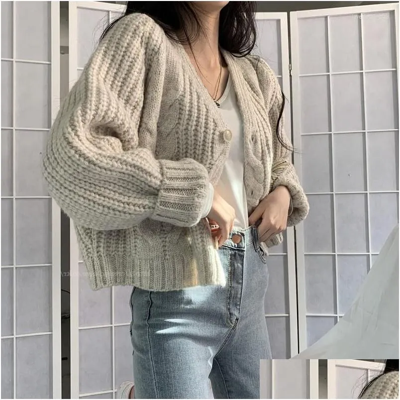 Women'S Knits Tees Womens Cropped Cardigans Women Loose V-Neck Fall Chic Youth Sweater Knitwear Korean Version Elegant Tender Hara Dhgqh