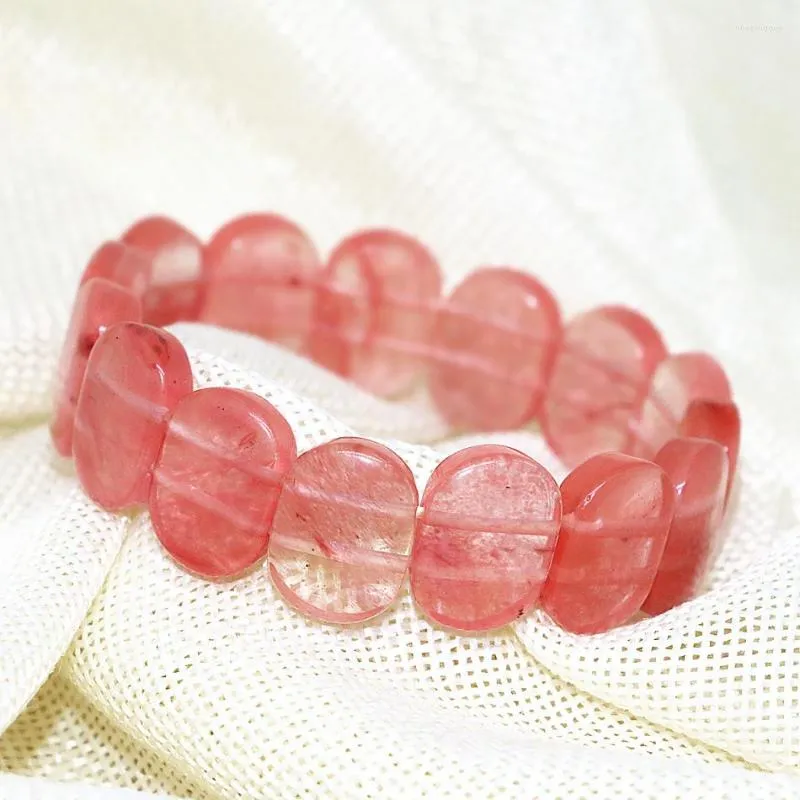 Strand Natural Pink Chalcedony Crystal Watermelon Rectangle Vintage Fashion Armband för kvinnor Elestic Jewelry 7.5 -tum B1698