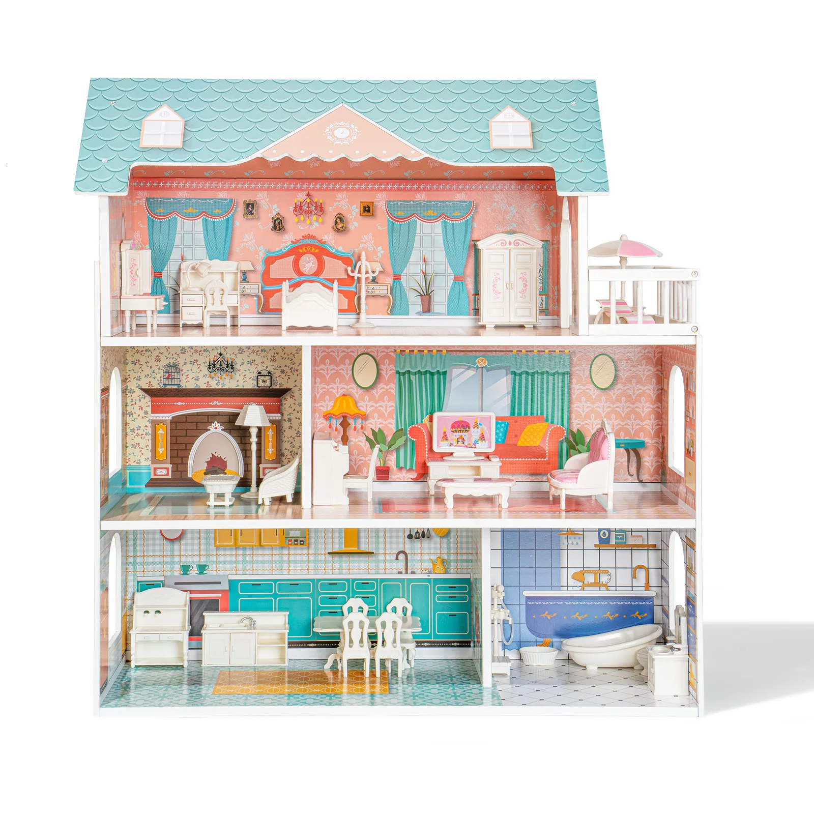Wooden Dollhouse for Kids - Furniture Set, Pretend Play Doll House for ...