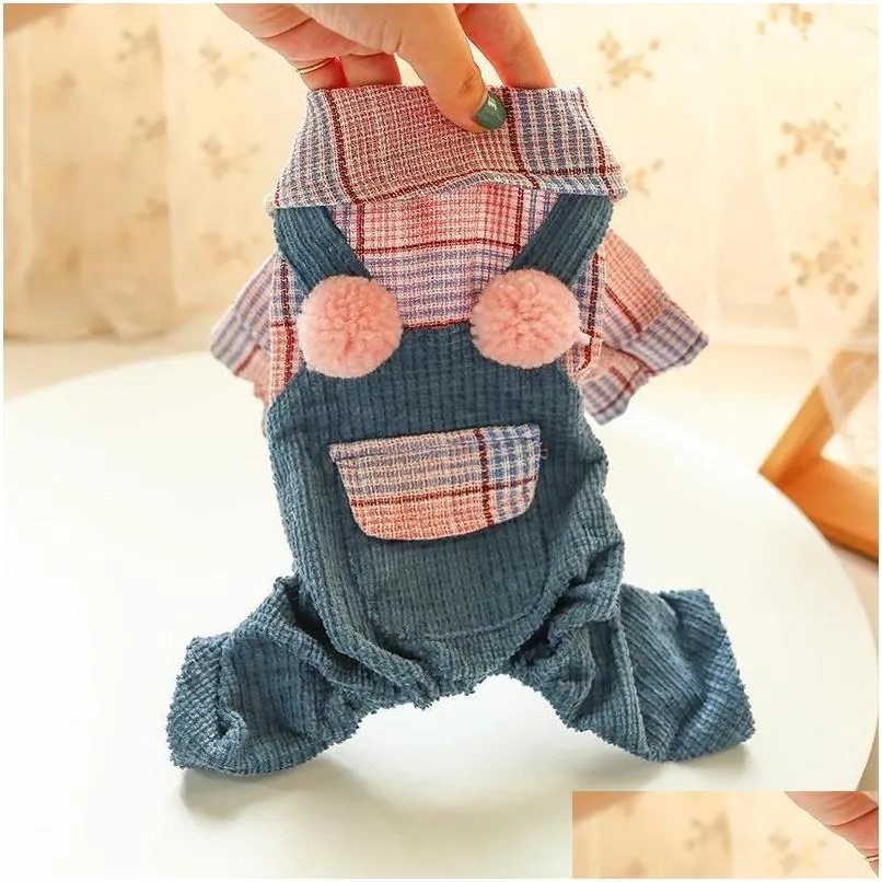 Dog Apparel Corduroy Pants Plaid Jumpsuit For Dogs Cute Small Animal With Shirt Autumn Winter Chihuahua Shih Tzu Pugssuit Pet Clothi Otr3Q