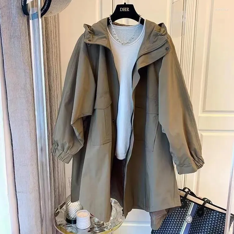 Trench da donna Cappotto sciolto per il tempo libero Cocoon Doppia tasca Giuntura con cappuccio Giacca a vento media e lunga per le donne in primavera Autunno Nero