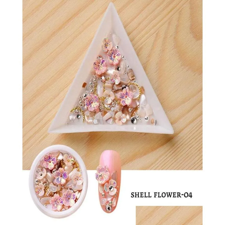 Decoraciones de arte de uñas 1 caja de uñas decoración de flores de concha accesorios de diamantes de perlas suministros para profesionales accesorios de bricolaje decoración Dhx3E