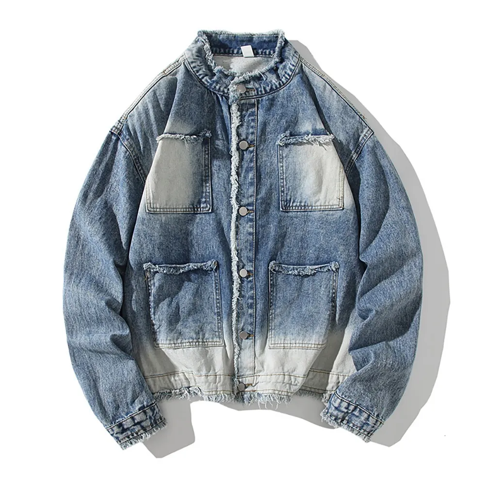 Men's Jackets Frayed Denim Jacket Oversized Jeans Jacket Men Autumn Winter Casual Clothes Coats With Breast Pockets Streetwear 230922