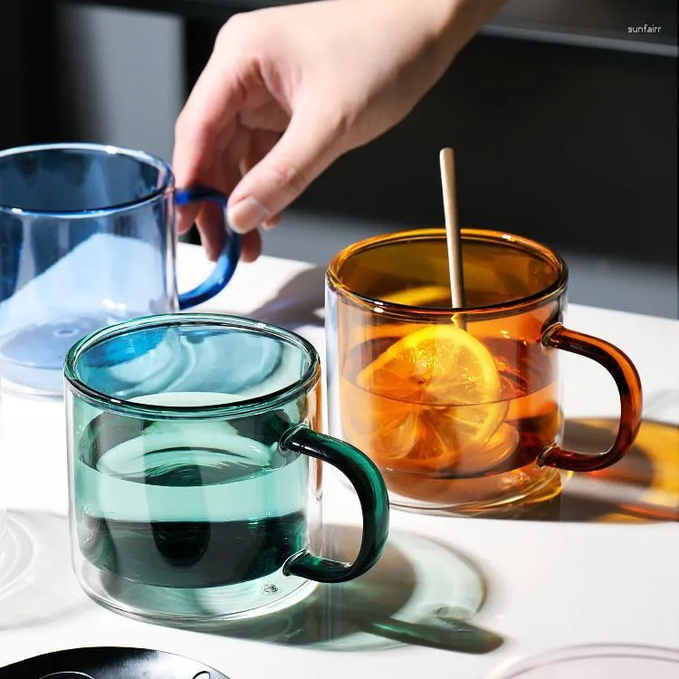 Wine Glasses Colored Glass Cup With Handle Double Wall Mug Coffee Milk Heat-resistant And Anti-scalding Breakfast