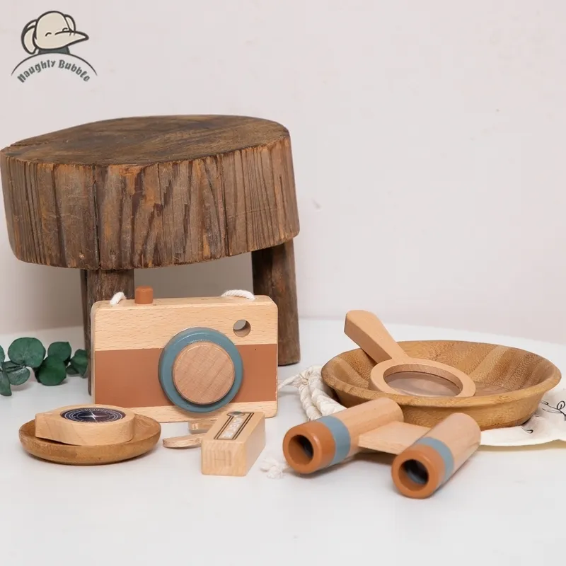 Poppen 5 stuks Outdoor Adventure Set Houten Speelgoed Camera Vergrootglas Telescoop Kompas Mes DIY 230922