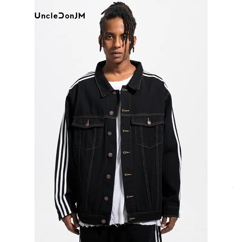 Jaquetas masculinas UncleDonJM Três Stripe Denim Jaqueta Preto Hip Hop Jaqueta de Inverno Homens Streetwear Jeans Jaqueta Homens Unissex Casaco 230922