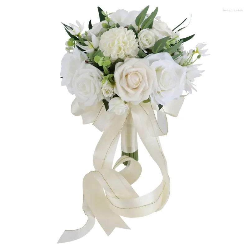 Decorative Flowers Wedding Bridal Bouquet White Champagne Flower Bridesmaid Artificial Bride Holding Engagement Party Drop