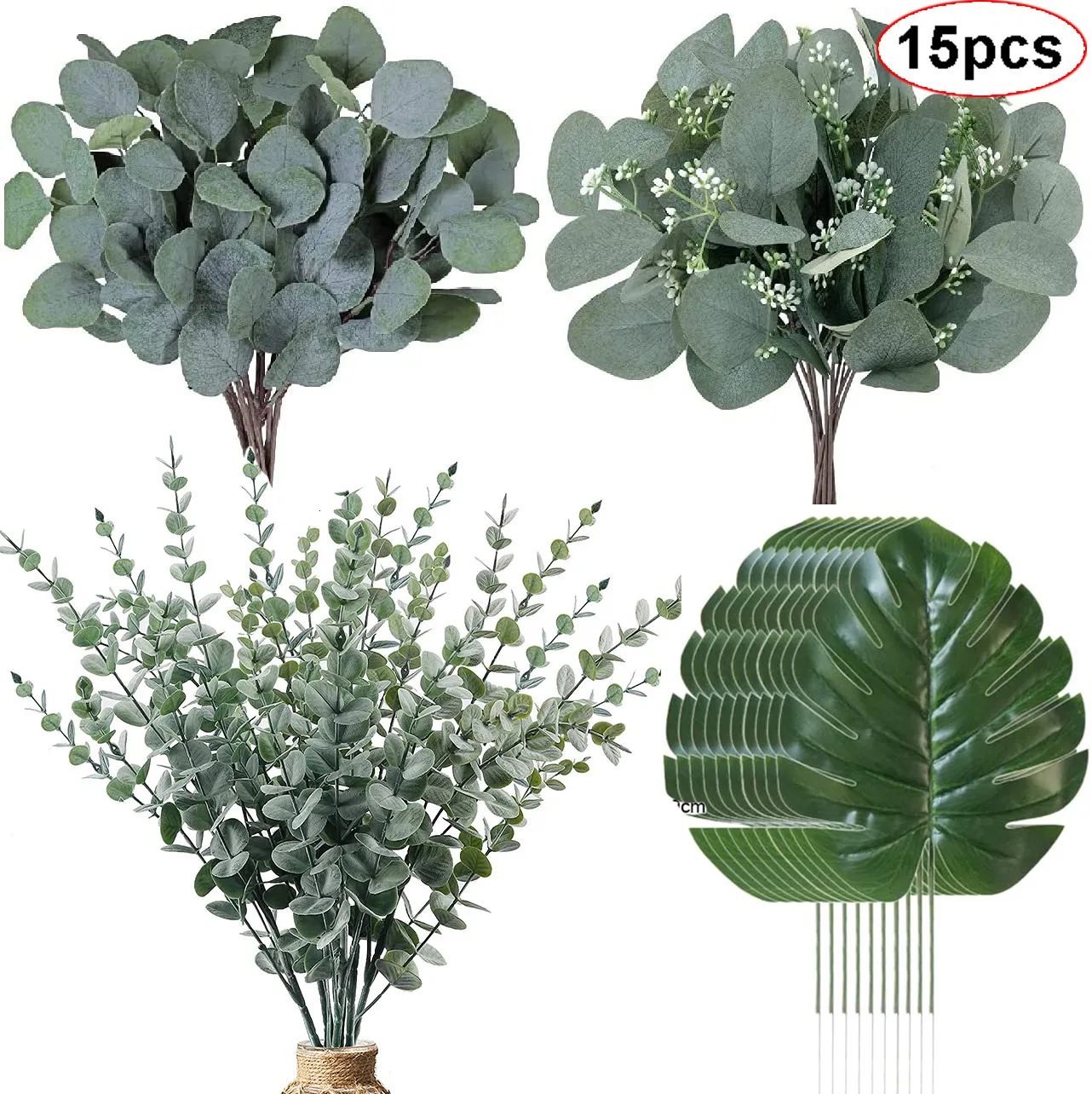 Décorations de Noël 15pcs feuilles d'eucalyptus artificielles tiges de verdure avec givre pour vase maison fête décoration de mariage extérieur bricolage fleur décoration murale 230923