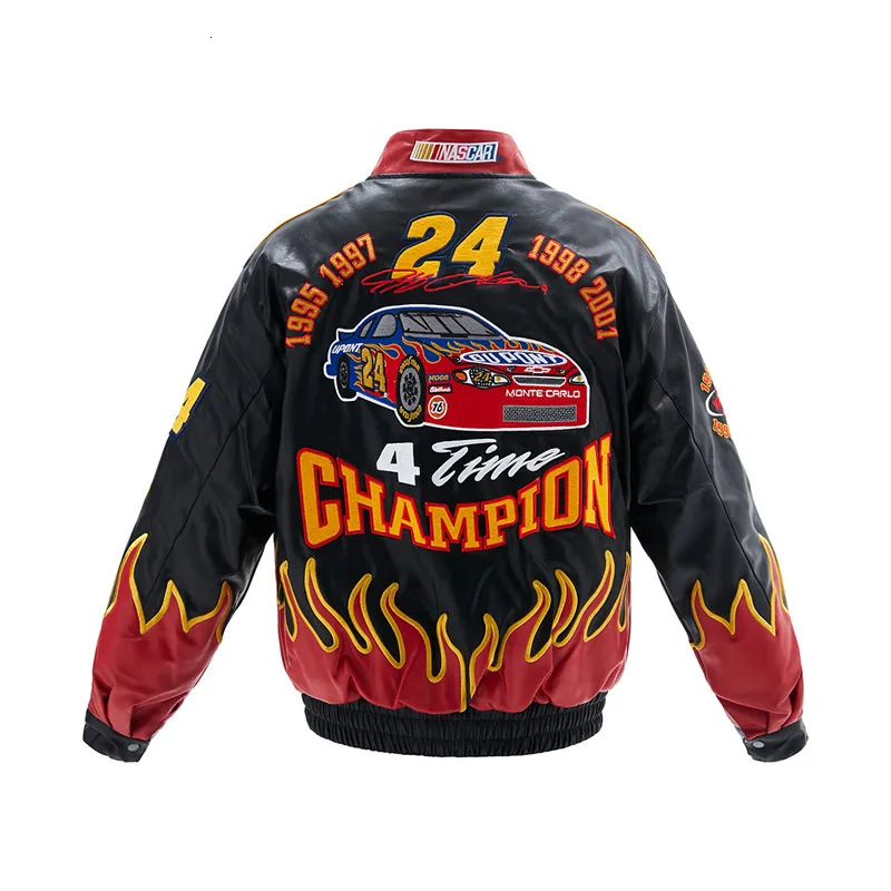 Men's Jackets ss Retro High Street Flame Embroidery Motorcycles Racing Clothing Street Style Bomb Street Leather Jacket Ins Exploded 230923