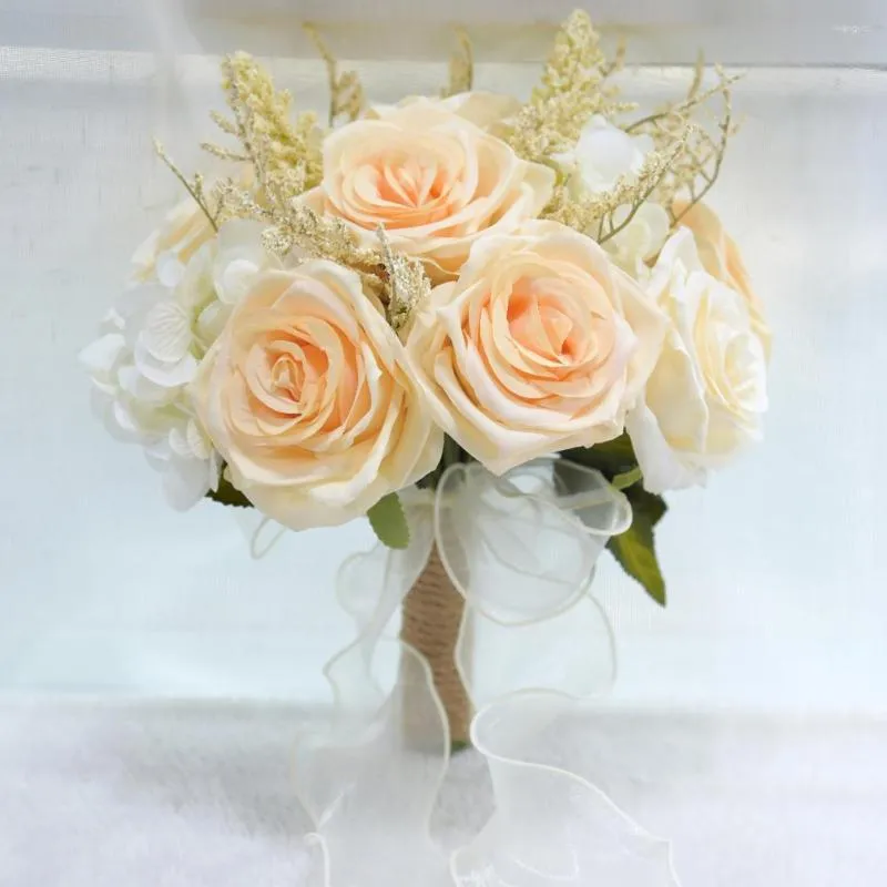 Flores decorativas durável artificial rosa buquê de casamento reutilizável realista de longa duração com laço de fita