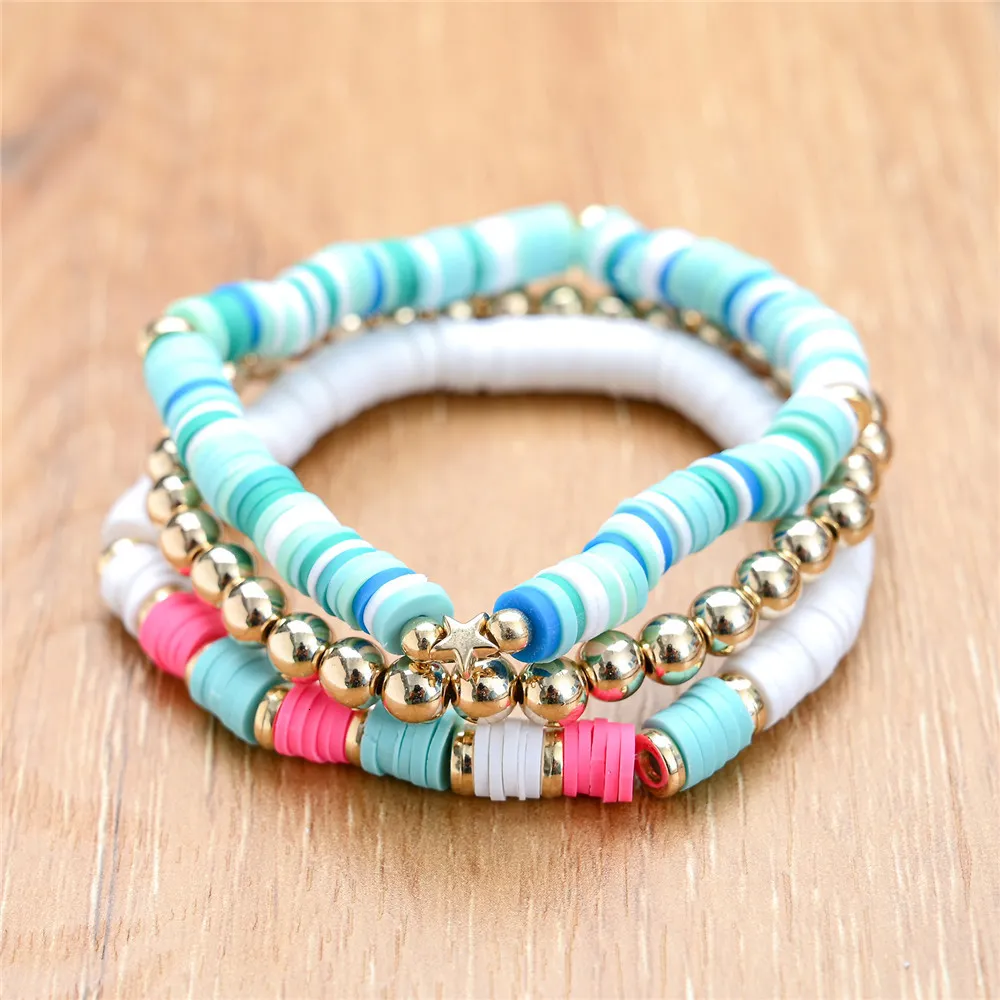 clay bead bracelet with elastic string with a clip end multicolor