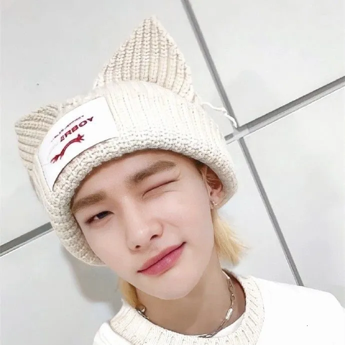 Stray Kids Knitted Hat Embroidered Cat Ear Hat For Unisex