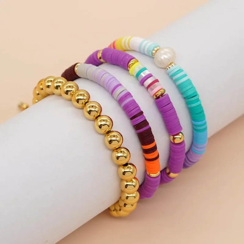 Link Armbanden Boheemse Kleurrijke Zachte Klei Kraal Vergulde Koperen Pulsera Vrouwen Handgemaakte Vriendschap Mode-sieraden Natuurlijke Parel Armband