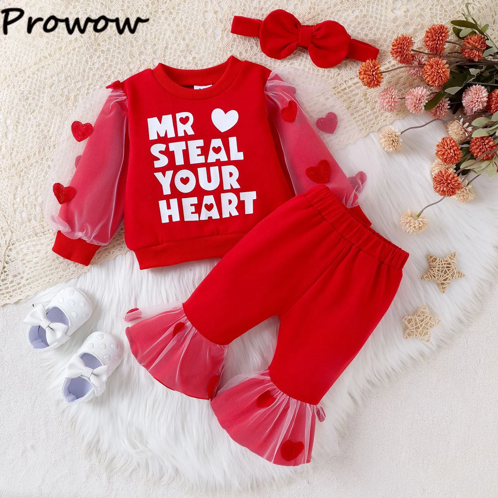 Kleidungssets Prowow 324M Baby Mädchen Winter Outfit Sets Herz Mesh Ärmel Rot Sweatshirts und Hosen geborene Säuglingsbabykleidung Mädchen 230922