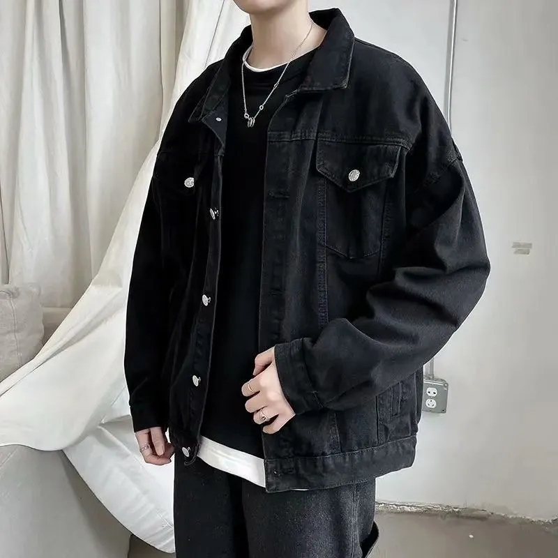 Jaquetas masculinas preto denim jaqueta curta homens jeans jaqueta casacos casuais blusão bolsos macacões bombardeiro streetwear homem roupas outwear 230922