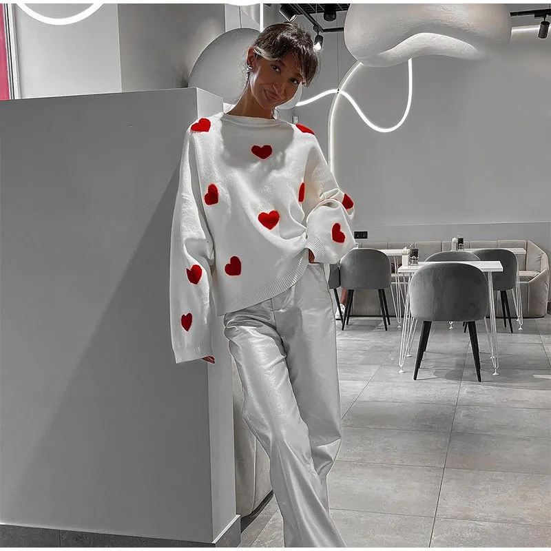 ♡ページ Love Heart Knit Sweaters For Women Soft Long Sleeve From