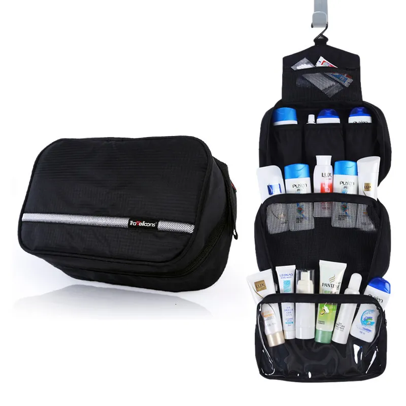 Bolsas de cosméticos Estuches Bolsa de aseo para hombres Bolsa de cosméticos de viaje negra Organizador de artículos de tocador Neceser de almacenamiento de maquillaje impermeable Bolsa de lavado para baño colgante 230923