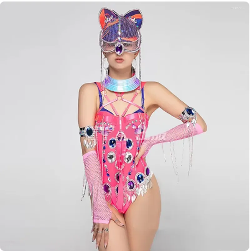 Palco desgaste sexy strass rosa bodysuit headdress pólo dança traje arrastar mostrar roupas boate gogo dançarino roupas rave outfit