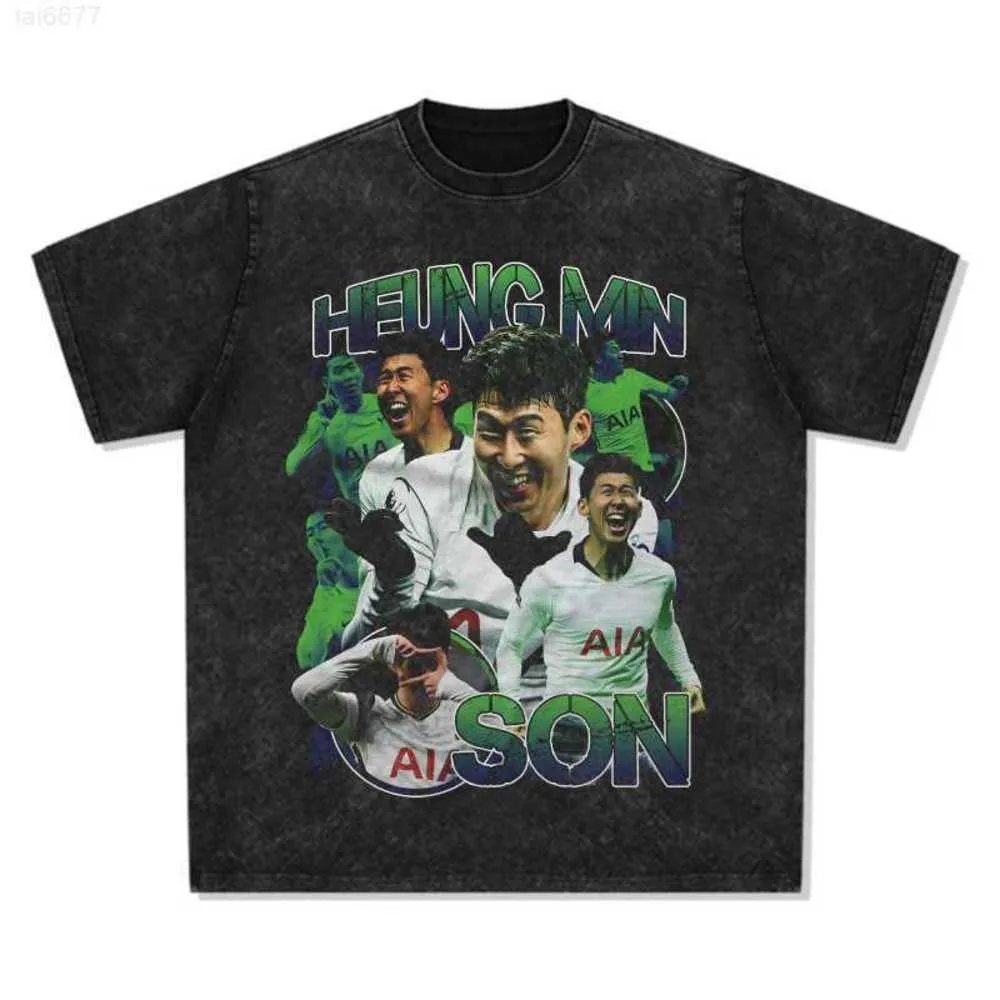 American Heung Min Son Camiseta masculina estampada lavada e usada de manga curta com gola pequena Base6g5a