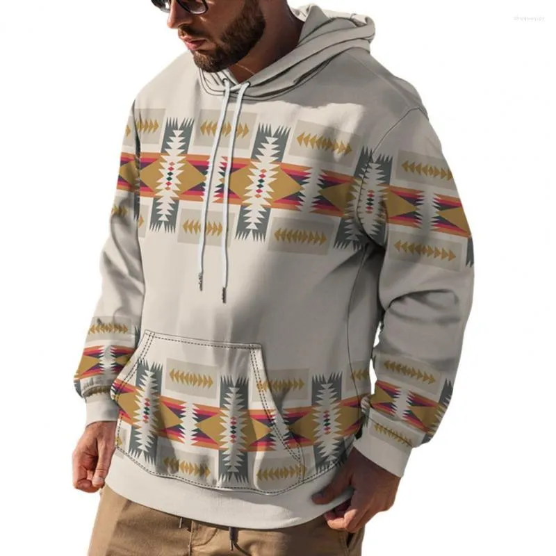 Herrtröjor mångsidiga huva tröja Stylish Geometric Print Hoodie Warm Sporty With Drawstring Front Pocket Long