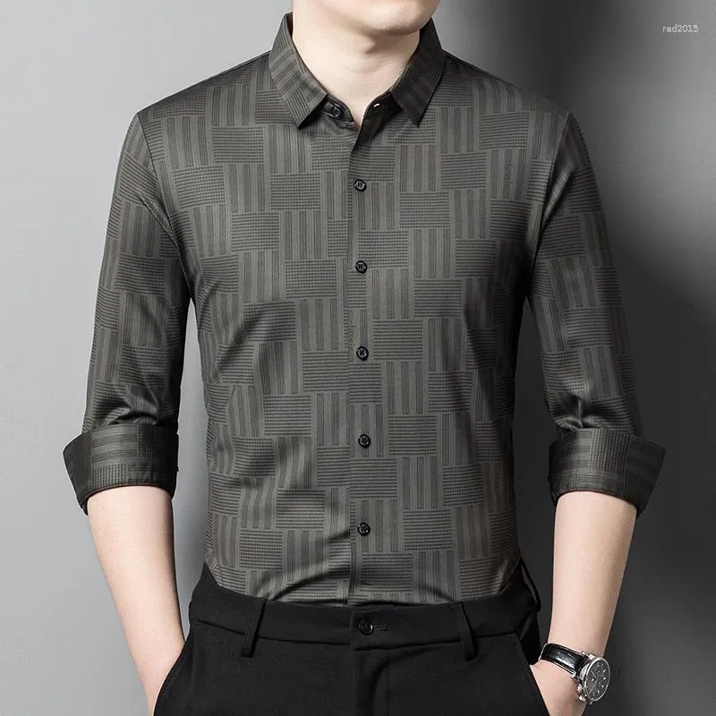 Camisas casuais masculinas pele-amigável boutique de seda camisa de manga longa xadrez primavera qualidade macio confortável clássico luxo camisas de