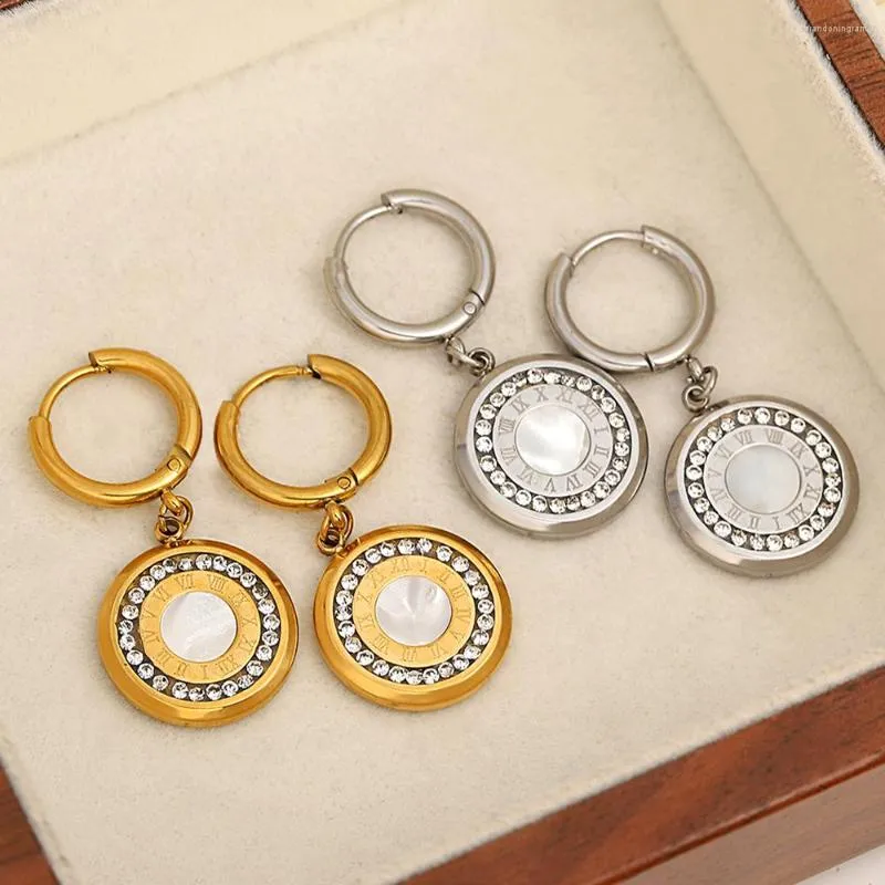 Hoop örhängen aensoa 316l rostfritt stål guldfärg romerska siffror zirkon rund hänge för kvinnor trendiga örhänge smycken