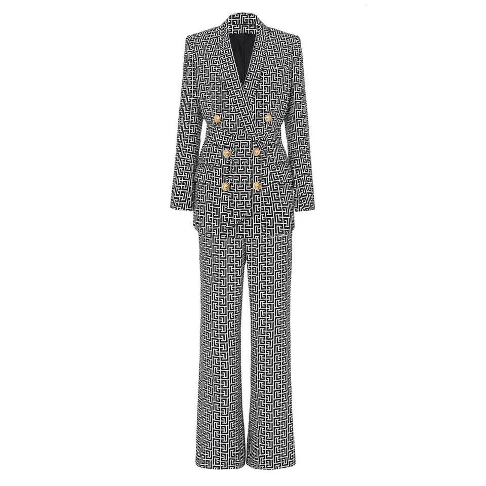 BS055 Retro European Design Modèle géométrique vintage 2pcs Blazer Costume Élégant Femmes hétéros deux pièces Pantalons décontractés