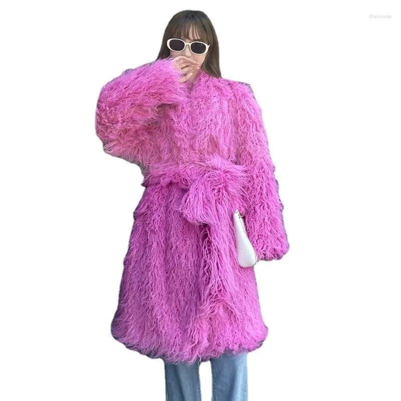 Casaco de pele feminina inverno falso 2023 em outerwears feminino longo jaqueta de pelúcia senhoras rosa cordeiro luxo fofo