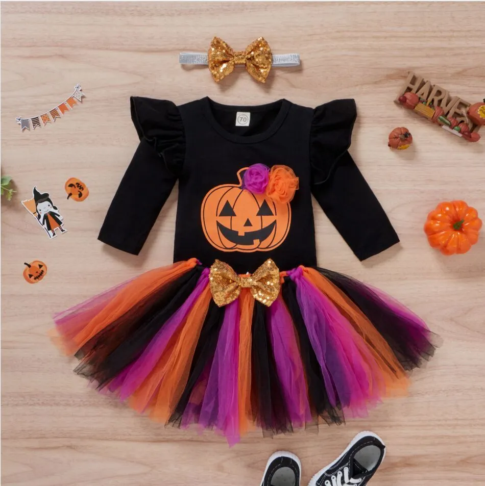 Kleidungssets Baby Mädchen Halloween Kleidung Set Langarm Brief Gedruckt Strampler Mehrfarbig Garn Rock Kopfschmuck Halloween Kostüm 230922