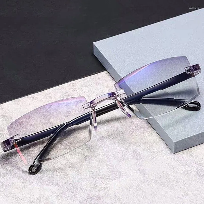 Sunglasses Men Women Rimless Reading Glasses Anti Blue Light Bifocal Far Near Magnification Eyewear Presbyopic Reduce Eyestrain