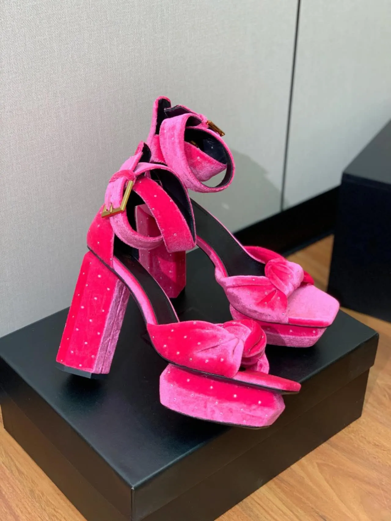 Women's Pink Velvet Platform Sandals with Metal Buckle, Open Toe, Thick  High Chunky Heels, Summer Shoes, Real Leather, Big Size 42, Zapatos 