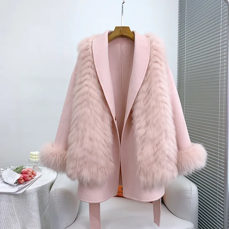 Women's Wool Blend 100 Blends Coat Jacket With Luxury Fur Vest Warm Lady Overcoats JT3211 230922