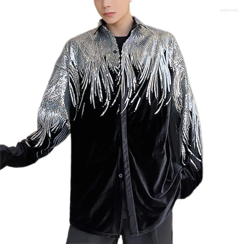 Men's Casual Shirts Loose Men Thick Velour Shirt Long Sleeve 2023 Spring Designer Mens Silver Sequin Black