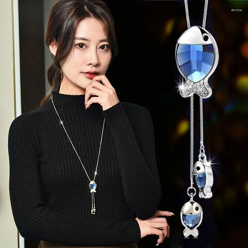Ожерелья с подвесками, длинные подвески в виде рыбки для женщин, модное серебряное ожерелье с синими кристаллами, женские ювелирные изделия с животными, бижутерия