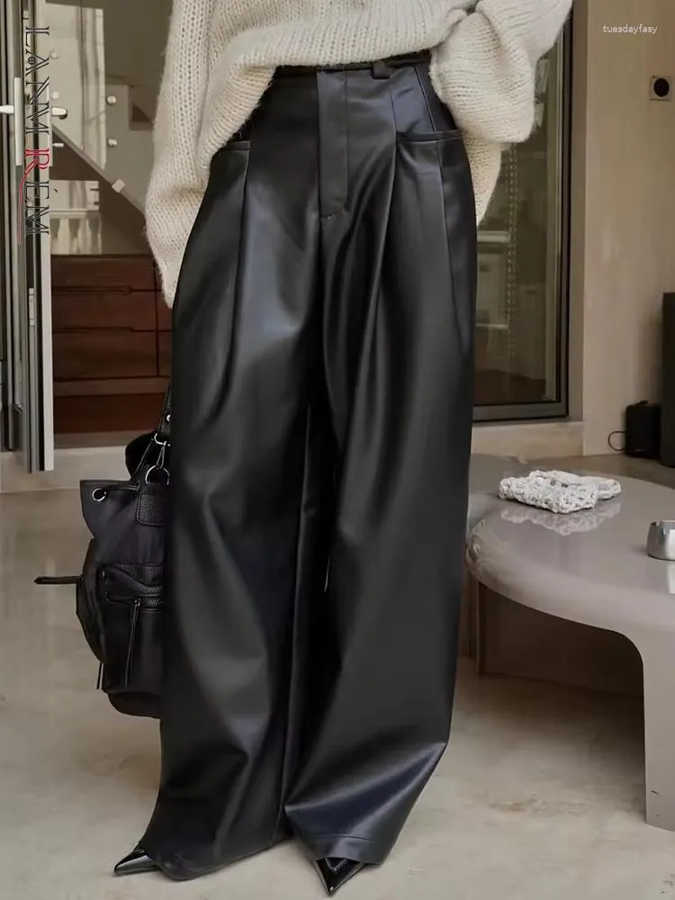 Calças femininas Lanmrem moda pu couro perna larga mulheres cintura alta solta preto calças compridas streetwear 2023 roupas de outono 22548