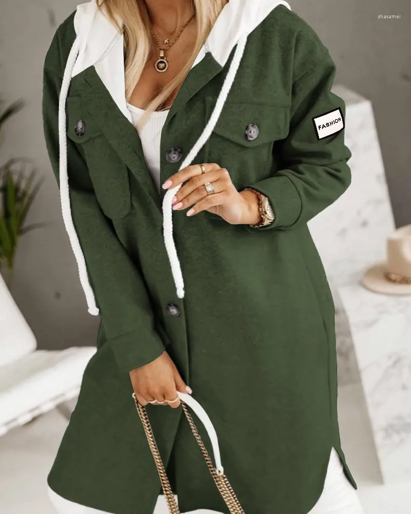 Women's Trench Coats Long Sleeve Jackets Buttoned Pocket Design Hooded Longline Female Clothes With Pockets