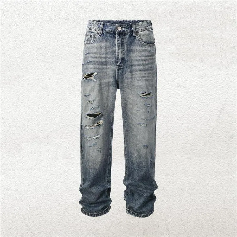 Men's Jeans Retro 2023 Men Blue Destroyed Ripped Holes Five-Pocket Styling Autumn Streetwear