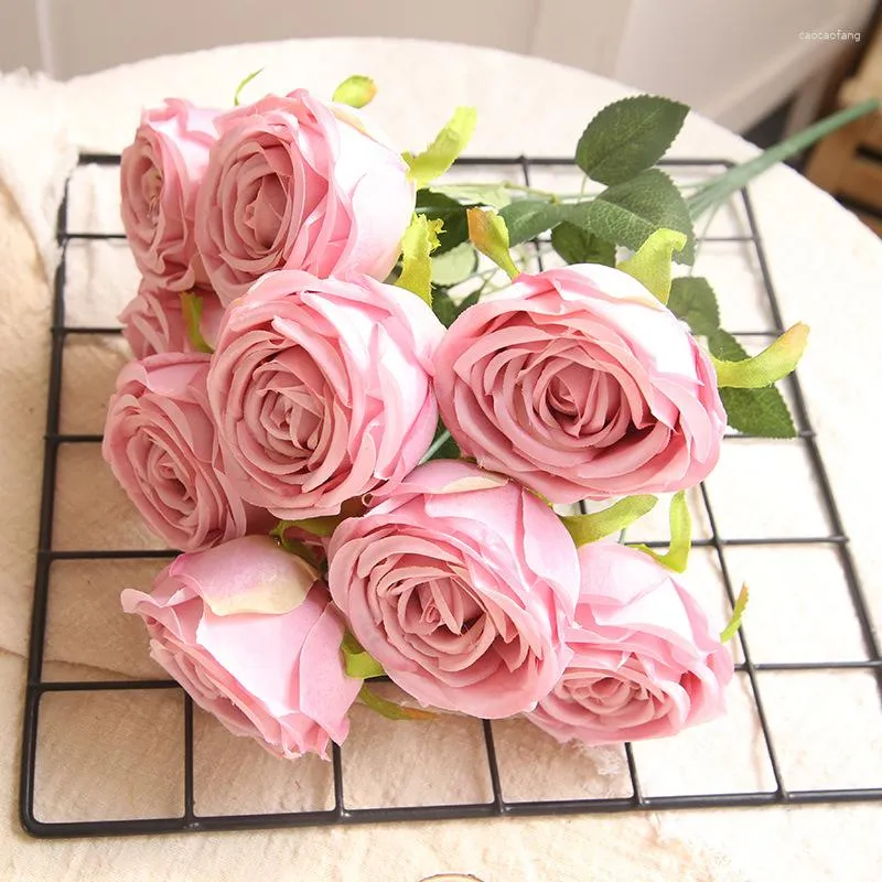 Dekoracyjne kwiaty 9 głowy jedwabna róża sztuczna pęczka kwiatowa bukiet przyjęcie weselne aranżacje kwiatowe