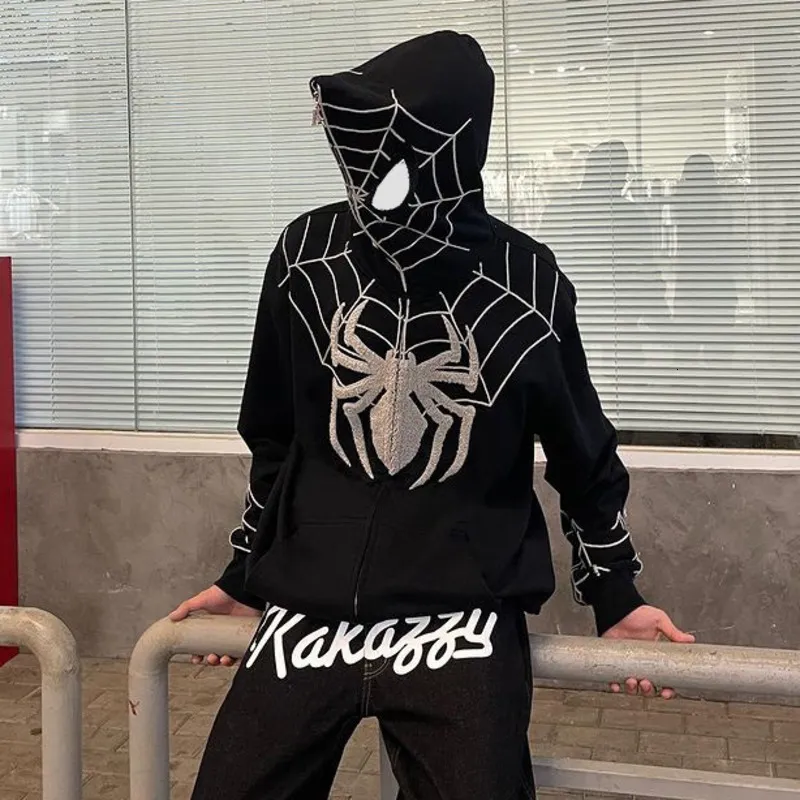 Men's Hoodies Sweatshirts Spider Print Y2k Gothic Sweater Hoodie Men Hip Hop Dark Zip Up Hooded Cardigan Full Chain Women Loose Couple Hoodie Streetwear 230922